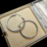 14K White Gold Simple Etched 1" Hoops