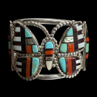 Sterling Silver Zuni Butterfly Bracelet Cuff with Turquoise, Abalone, Black Onyx, Coral, and Mother of Pearl Signed by Artist Herbert & Ester Cellicion