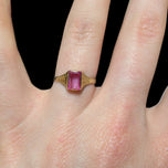Antique 14K Yellow Gold Baguette Cut Synthetic Pink Sapphire Ring Size 5 1/4