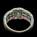 14K White Gold Channel Set Emerald Ruby Sapphire Diamond Ring