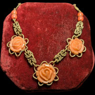 Vintage Brass Chain Link Necklace with Coral Coloured Celluloid Flowers