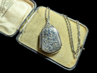Art Nouveau Rectangular Sterling Silver Floral Engraving Locket Pendant Necklace