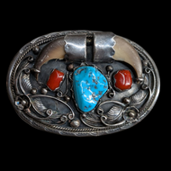 James Bahe Sterling Silver Navajo Turquoise, Coral & Claw Belt Buckle