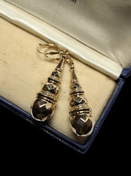 9K Yellow Gold Etruscan Revival / Torpedo Long Drop Dangle Lever Back Earrings