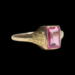 Antique 14K Yellow Gold Baguette Cut Synthetic Pink Sapphire Ring Size 5 1/4