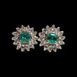 10K White Gold Emerald & Diamond Cluster Screw Back Stud Earrings