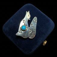 Gilbert Damon Sterling Silver & Turquoise Howling Wolf / Coyote Navajo Brooch
