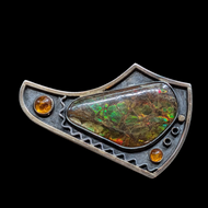 Sterling Silver Large Amber and Ammolite Fossil Statement Brooch / Pin