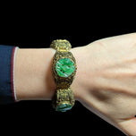 Ealry Chinese Export Gilt Silver Filigree Panel Bracelet with Carved Jade Panels Coy Fish