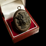 Antique 19th Century Gutta Percha Mourning Cameo Locket Pendant Left Facing Portrait
