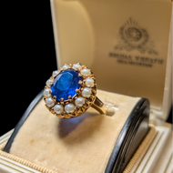 10K Yellow Gold Synthetic Sapphire & Cultured Pearl Halo Cocktail / Cluster Ring Size 4