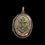 Antique Gold Filled Mourning Sailor Etched Anchor Locket With Turquoise and Seed Pearls
