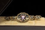 Antique Sterling Silver Gold Gilt Purple Paste Stone & White Sapphires Filigree Bar Brooch Trombone Clasp