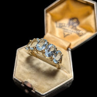 14K Yellow Gold Oval Cut 5 Stone Aquamarine Ring Size 6.5