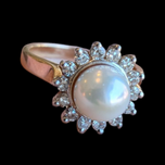 14K Gold & Cultured Pearl Ring Diamond Halo Size 6 1/4