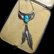 Native American Sterling Silver & Turquoise Feather Pendant Necklace