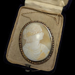 Antique Large Hand Carved Gold Filled Shell Cameo Brooch with Safety Chain