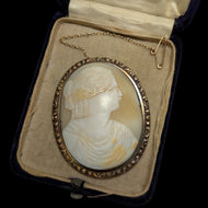 Antique Large Hand Carved Gold Filled Shell Cameo Brooch with Safety Chain