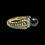 14K Yellow Gold Diamond & Black Tahitian Pearl Ring Size 5.5