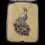Sterling Silver Marcasite & Red CZ Open Work Peacock Brooch