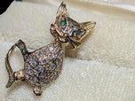 14K Yellow Gold Emerald & Diamond Cat Brooch