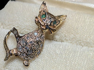14K Yellow Gold Emerald & Diamond Cat Brooch