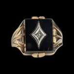 10K Yellow Gold Square Cut Art Deco Onyx & Diamond Signet Style Inlay Ring Size 11.5