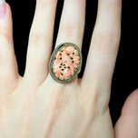 Early Chinese Export Gilt Silver / Vermeil & Carved Pink Coral Bird Ring Adjustable