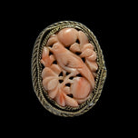 Early Chinese Export Gilt Silver / Vermeil & Carved Pink Coral Bird Ring Adjustable