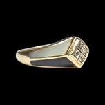 10K Yellow Gold Mother of Pearl, Black Onyx & Diamond Inlay Ring Size 4 3/4