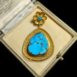 14K Yellow Gold & Turquoise Filigree / Open Work Pendant