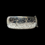 Large Sterling Silver Floral Etched Cuff & Safety Chain "WRJ"