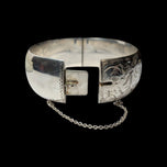 Large Sterling Silver Floral Etched Cuff & Safety Chain "WRJ"