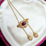 Antique Victorian Era 14K Etruscan Revival Yellow Gold & Rhodolite Garnet Sliding Chain Necklace