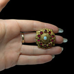 Antique Victorian Gold Filled Medallion Brooch With Red Paste Stones & Opal Centre