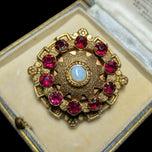 Antique Victorian Gold Filled Medallion Brooch With Red Paste Stones & Opal Centre